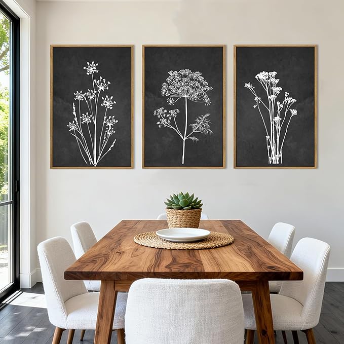 BINCUE Framed Botanical Wall Art Black Grey and White Plant Floral Print Canvas for Living Room Bedroom Office 3 Panel 16x24 Inches