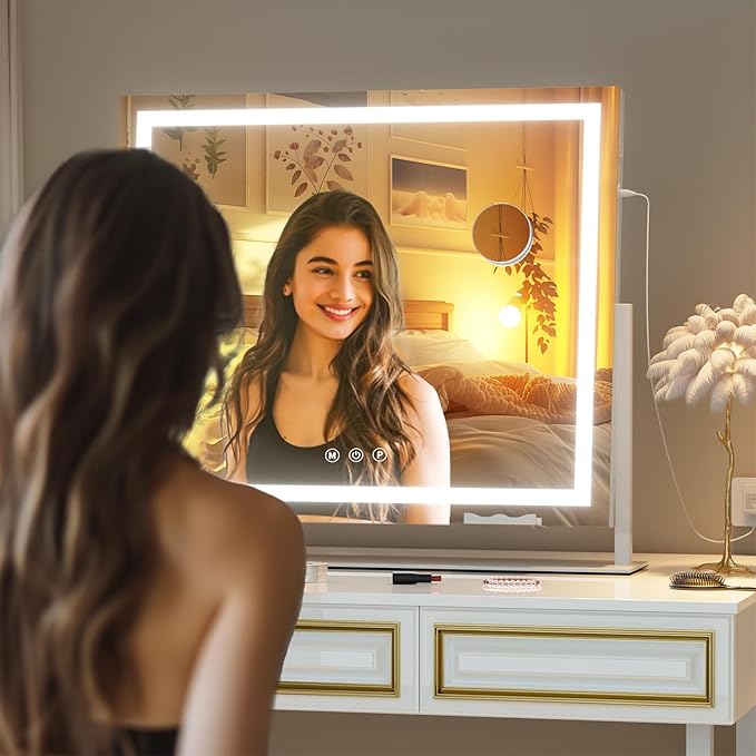 Hasipu Vanity Mirror with Lights, 25.6" x 21.3" LED Makeup Mirror, Light up Mirror with 10X Magnification and Phone Holder, USB Charging Port, Smart Touch 3 Colors Dimmable, 360° Rotation (White)