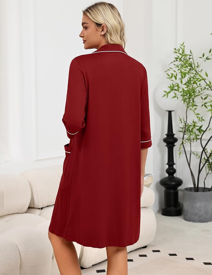 Ekouaer Zipper Robes for Women 3/4 Sleeve Housecoats Knee Length Bathrobe Lightweight Nightgown with Pockets S-3XL