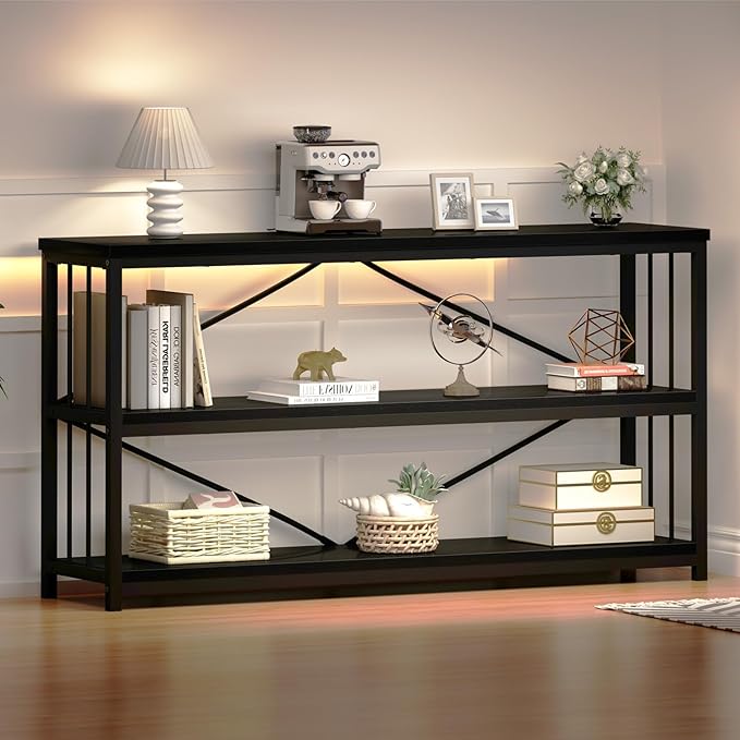 HSH Black Horizontal Bookcase, Metal and Wood Low Bookshelves with 3 Tier Shelf for Home Office, Modern Wooden Wide Open Etagere Bookcase with Storage for Bedroom Living Room, Black Oak, 55 Inch