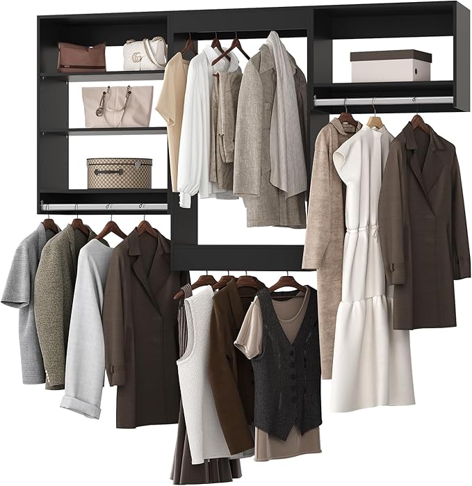 Modular Closet Organizer - 60" Wide Tower with Hanging Shelves, Wall-Mounted Wardrobe Kit for Walk-In Closets, Black