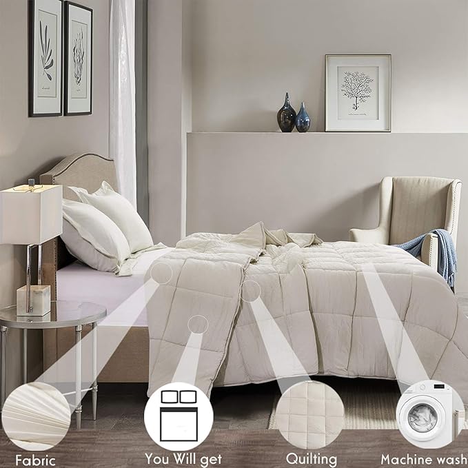HIG Pre Washed Down Alternative Comforter Set King - Reversible Chic Quilt Design - Box Stitched with 4 Corner Tabs - Lightweight for All Season - Camel Duvet Comforter with 2 Pillow Shams