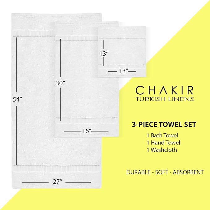 Chakir Turkish Linens | Hotel & Spa Quality 100% Cotton Premium Turkish Towels | Soft & Absorbent (3-Piece Towel Sets, White)