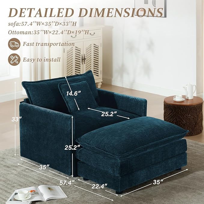 SoarFlash Chenille Sectional Sofa, Comfy Modular Single Sofa with Ottoman, Modern Recliner Deep Seat Sofa Set for Living Room,Deep Blue
