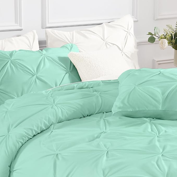 Andency Mint Green Pinch Pleat Comforter Full(79x90Inch), 3 Pieces(1 Down Alternative Comforter and 2 Pillowcases) Mint Green Bed Set Microfiber Pintuck Bedding Set