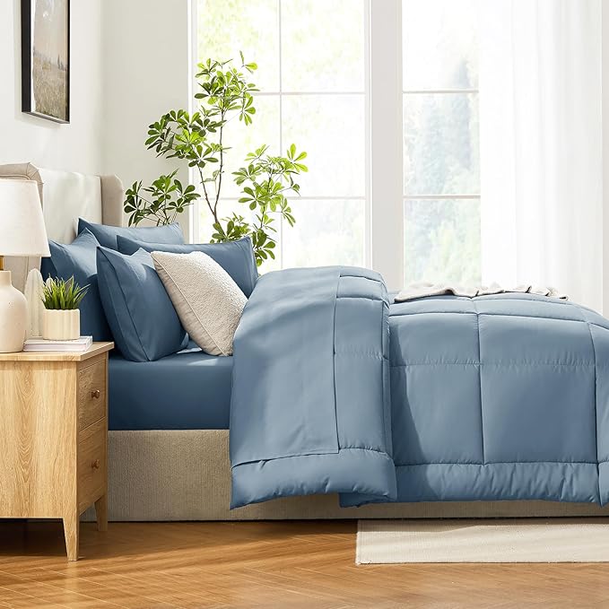CozyLux California King Comforter Sets Mineral Blue, 7 Pieces Cal King Bed in a Bag, All Season Bedding Sets with Stitch Quilted Comforter, Flat Sheet, Fitted Sheet, Pillowcases