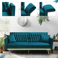 70” Velvet Futon Sofa Bed w/Adjustable Armrests and Backrest, Convertible Futon Couch w/2 Pillows, Modern Sleeper Bed for Living Room, Bedroom, Teal