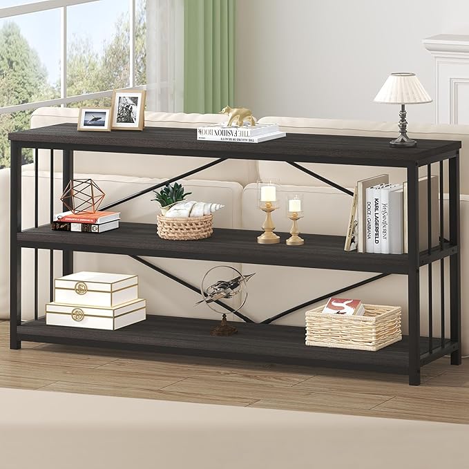 HSH Long Bookcase, Wood Metal Large Low Horizontal Book Shelf for Bedroom, Modern Open 3 Tier Etagere Bookshelf with Storage, Under Window Bookshelves for Home Office Living Room, Dark Gray, 70 Inch