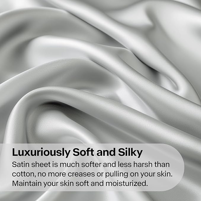 BEDELITE Satin Sheets Queen Size Bed Set, Luxury Soft Grey Silky Sheets for Hair and Skin, Similar to Silk Bed Sheets Set 4 Pieces with 1 Deep Pocket Fitted Sheet, 1 Flat Sheet, and 2 Pillowcases