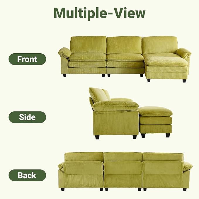 VINGLI 121" L Shape Sectional Couch, Convertible Sectional Couch for Living Room & Apartment,Modern 3-Seat Convertible Modular Sofa with 1 Ottoman，Corduroy,Olive Green
