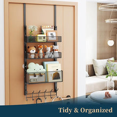 Consumest Over The Door Hooks Organizer - 4 Tier Door Coat Rack with 3 Baskets and 12 Hooks, Stainless Steel Towel Hanger for Bedroom, Bathroom, Living Room, Black