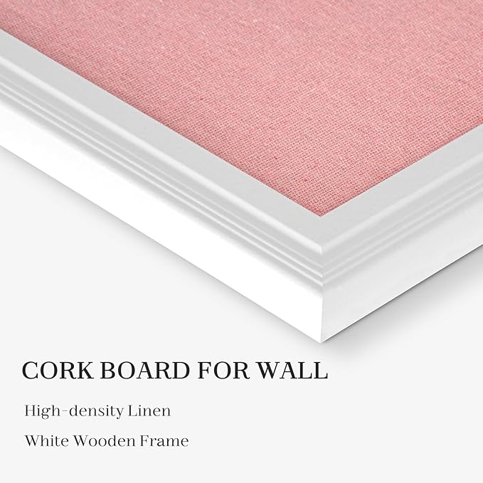 Large Pink Cork Board with Linen, 24" x 18" Hanging Wood Framed Bulletin Board, Picture Display Vision Board Corkboards for Wall Room School Office Decor, 10 Pushpins, 1 Pack