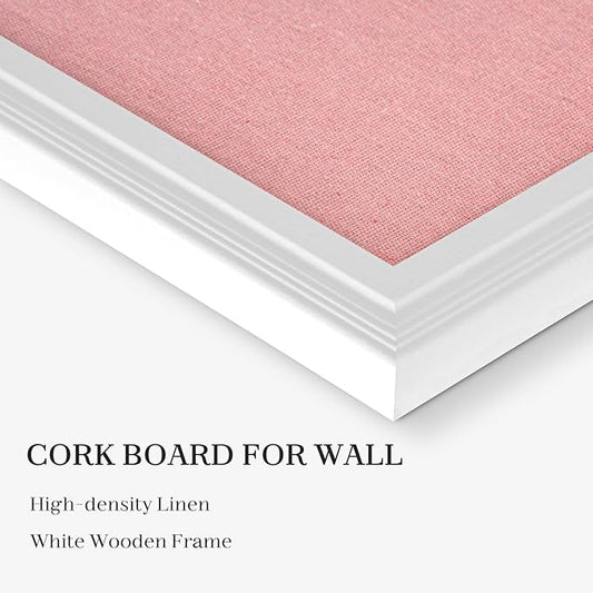 Large Pink Cork Board with Linen, 24" x 18" Hanging Wood Framed Bulletin Board, Picture Display Vision Board Corkboards for Wall Room School Office Decor, 10 Pushpins, 1 Pack