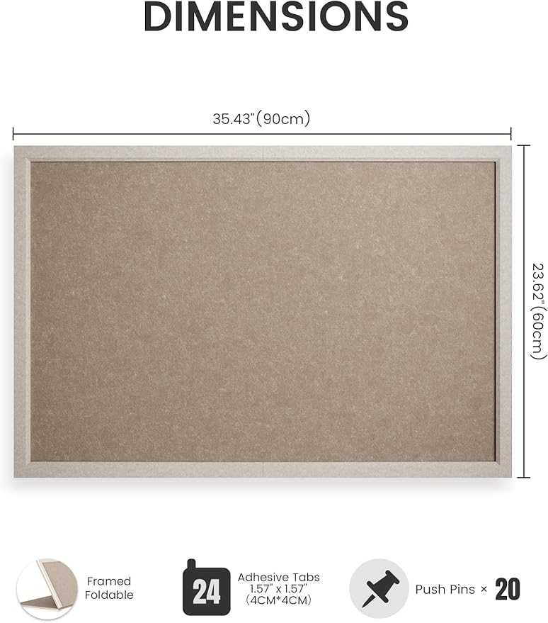 Foldable Cork Board Alternative, Felt Bulletin Board 36" x 24" Oatmeal Frame with 24 Adhesive Tabs, Pin Board for Home Office, Classroom, Entryway, Kitchen Wall Decor—Deep Camel
