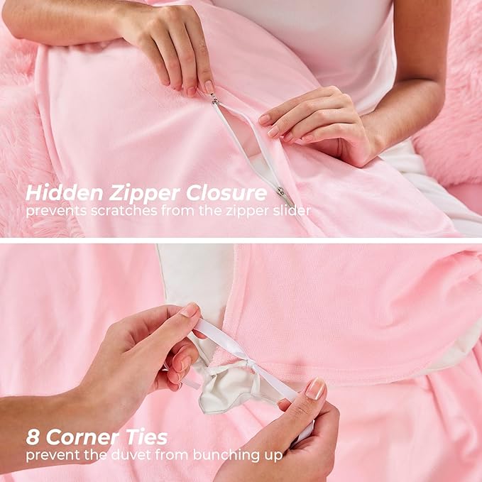 Sasttie 3-Piece Fluffy Duvet Cover Queen, Ultra Soft Faux Fur and Velvet Pink Comforter Cover, Luxury Fuzzy Bedding Sets for Winter Bed, Includes 1 Duvet Cover and 2 Pillowcases, No Comforter