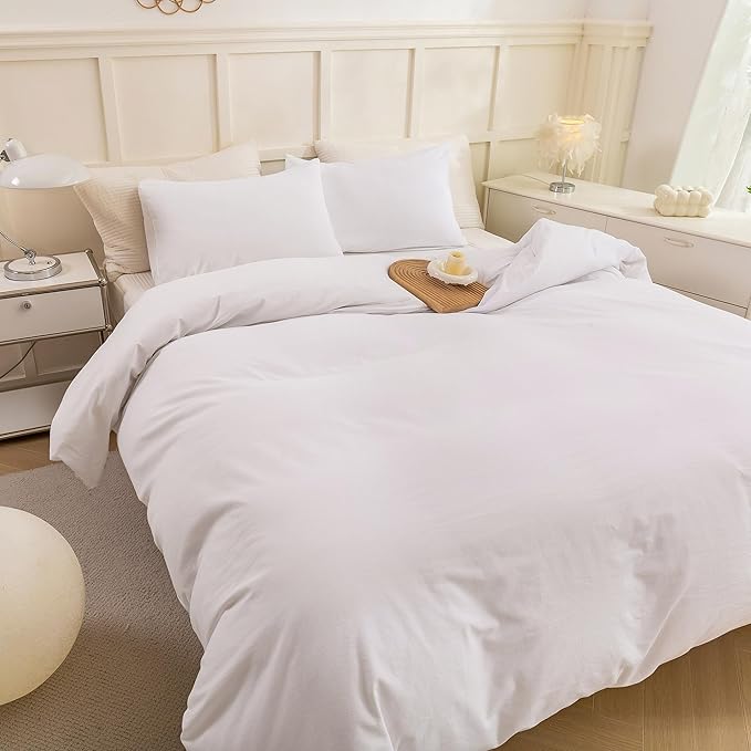 ECOCOTT White Duvet Cover Queen Size - 100% Washed Cotton Durable Soft Comfy Duvet Cover Set, Lightweight and Breathable with Zipper Closure & Corner Ties (White, 90''x90'')