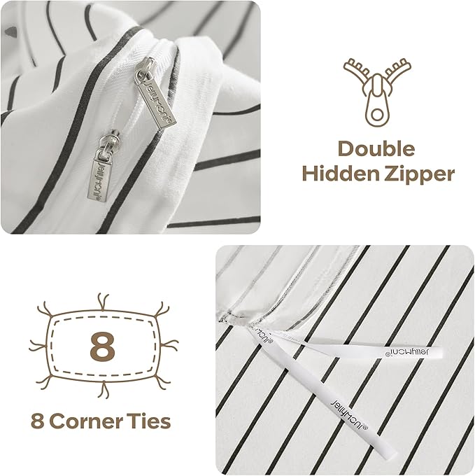 JELLYMONI 100% Natural Cotton 3pcs Striped Duvet Cover Sets, White Duvet Cover with Thin Black Stripes Pattern Printed Comforter Cover, with Zipper Closure & Corner Ties(Full Size)