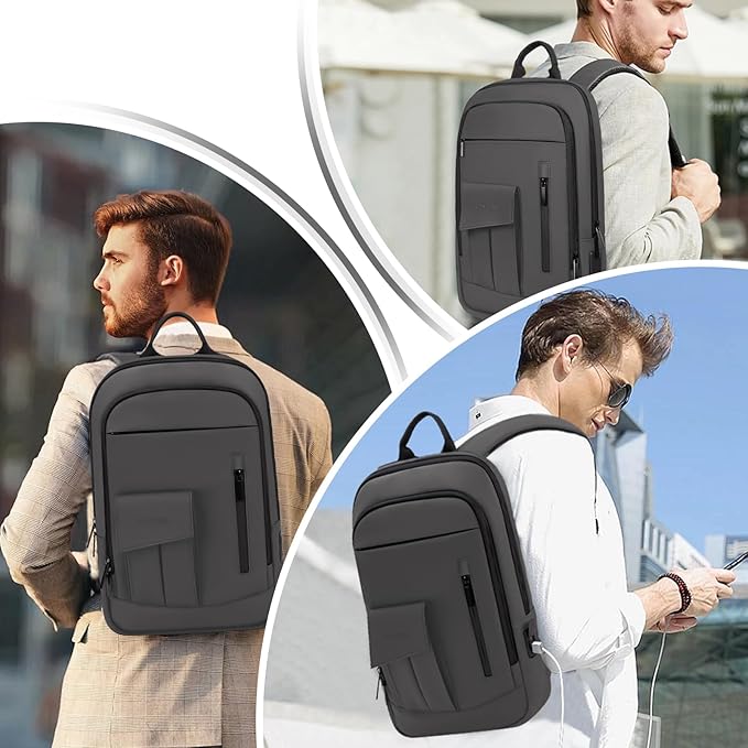 Business Backpack for Men Slim Lightweight Laptop Backpack for 17.3 Inch Computer Water Resistant Small Office Backpack for Commute Travel Daily Office Work with Small Bag (Grey)