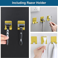Razor Holder for Shower + Adhesive Wall Hooks, Premium 304 Stainless Steel Shower Razor Holder with Heavy Duty Waterproof Sticky Hooks for Hanging Towels, Coat, hat (4+4 Pack) - Gold
