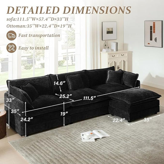 SoarFlash Chenille Sectional Sofa, Comfy L Shaped Modular Coush Sofa with Ottoman, Modern 3 Seat Couch Deep Seat Sofa Set for Living Room,Black