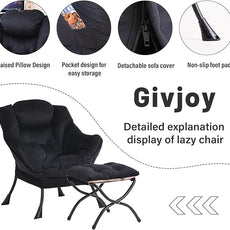 Lazy Chair and Ottoman, Large Accent Lounge Chair with Armrests and a Side Pocket, Modern Leisure Upholstered Sofa Reading Armchair with Footrest for Bedroom, Living Room, Dorm Rooms, Office