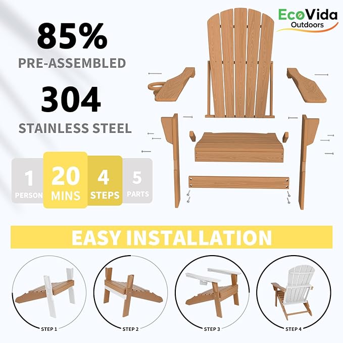 Upgraded Folding Adirondack Chair with All-Weather Cup Holder-EcoVida, Premium Wood Grain Texture, HDPE Waterproof, Suitable for Fire Pit, Patio, Porch, Cedar