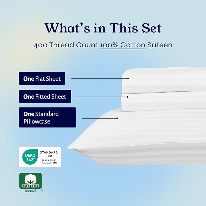 California Design Den Striped Twin Sheets Set - Soft 400 Thread Count Sateen, Natural 100% Cotton Sheets Twin Size Bed Set with Deep Pockets, and Durable Bedding - Striped White