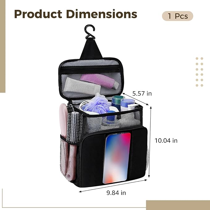 Shower Caddy for Dorm, Portable Hanging Shower Bag with Metal Hook, Oxford Cloth Quick Dry Mesh Organizer for Bathroom Essentials, Phone Pouch, 10.04 x 9.84 x 5.57 in/25.5 cm x 24.99 x 14.15 cm