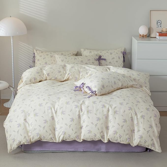HighBuy Garden Floral Duvet Cover Twin with 2 Bowknot Bow Tie Pillowcases Coquette Aesthetic Comforter Cover Soft Cotton Botanical Boho Duvet Cover with Purple Flowers Country Style Bedding Set