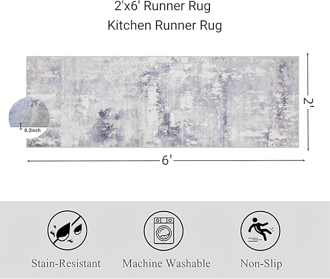 RCTJHOME 2'x6' Runner Rug for Hallway with 4 Non-Slip Tapes, Machine Washable Kitchen Boho Runner Rug, Distressed Bedroom Beside Rug, Laundry Room, Farmhouse Entryway Mat, Light Grey White Watercolor