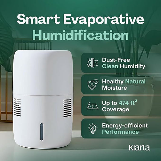 Smart Evaporative Humidifier with App Control & 3L Tank – Mist-Free, No White Dust – Quiet Operation for Better Sleep – Klarta Humea White