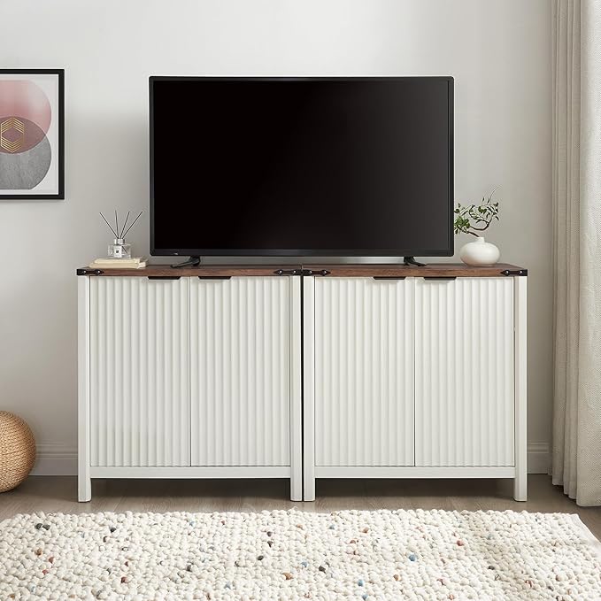 32 Fluted Sideboard Storage Cabinet Buffet - 7-Level Adjustable Shelves, Modern Farmhouse Rustic Kitchen Console Accent Cabinets, Coffee Bar Table for Dining Room (Antique White)