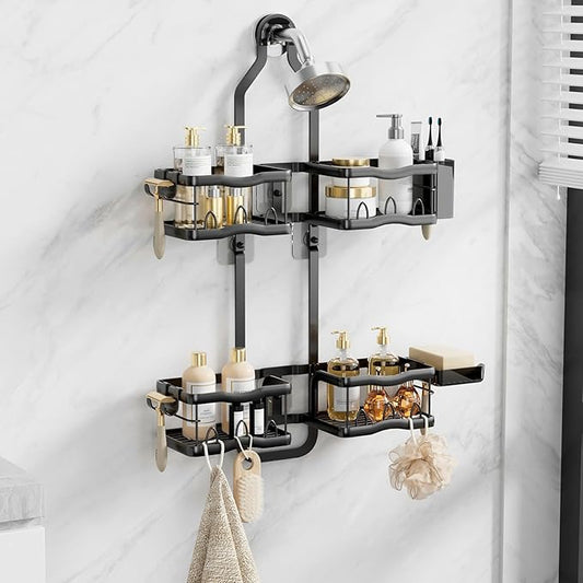 Shower Caddy Hanging Shower Head,Rustproof Hanging Shower Caddy Over Showerhead Bathroom Shower Caddies Shelf Organizer Rack For Sponge,Shampoo,Soap Storage,With Razor-Hooks,Black