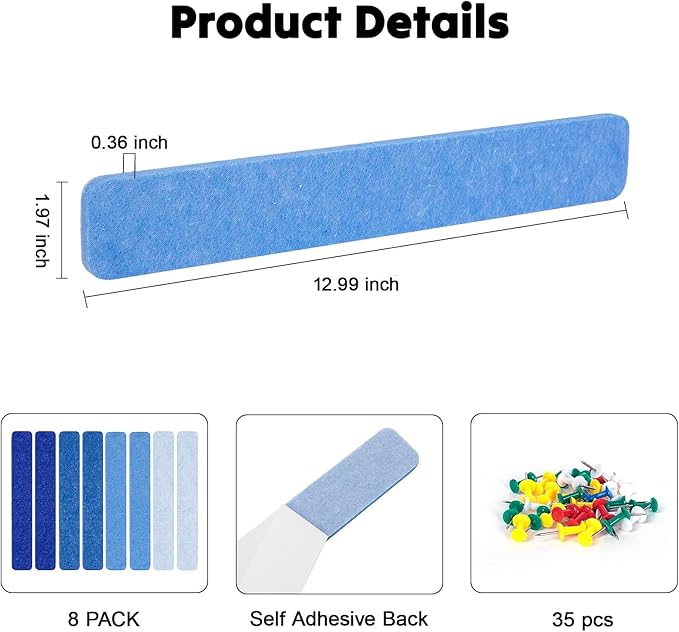 8Pcs Felt Bulletin Board Strips, Cork Board Strips for Walls Self Adhesive with 50 Pushpins, Colorful Cork Strips for Office Classroom Decor, Small Bulletin Board to Paste Photos, Notes (Blue)