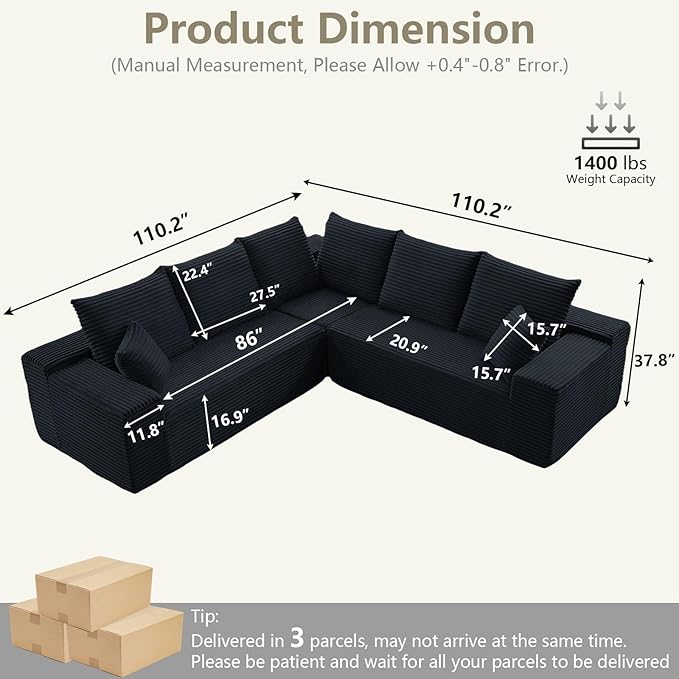 Sectional Cloud Couch for Living Room, Modern Modular Floor Deep-Seat Sofa, Upholstered L Shaped Sofas, Big Comfy Corduroy Couches Set for Living Room Bedroom, No Assembly Required, Black