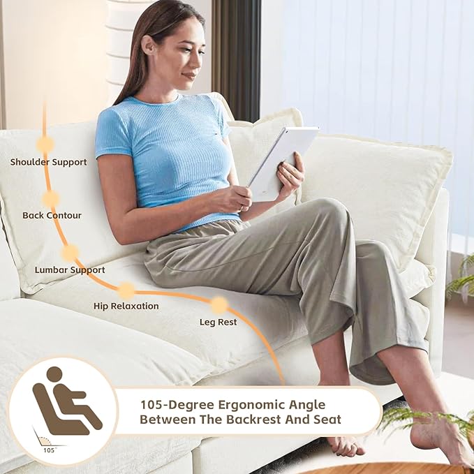SoarFlash Chenille Sectional Sofa, Comfy L Shaped Modular Coush Sofa with Ottoman, Modern 4 Seat Couch Deep Seat Sofa Set for Living Room,White