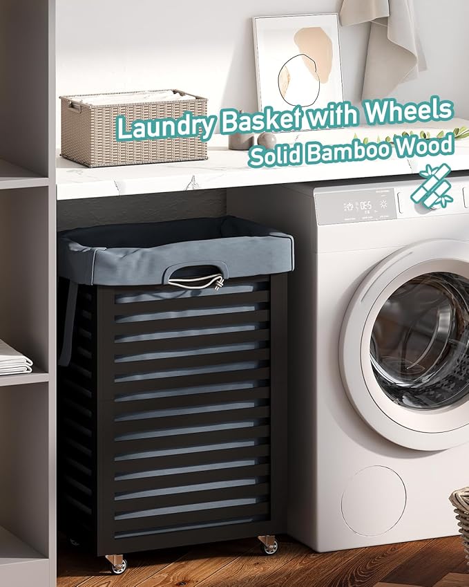 Black Laundry Hamper, Laundry Hamper with Wheels, 22.7 Gallon (86L) Bamboo Wood Clothes Laundry Basket with Handles, Removable Liner