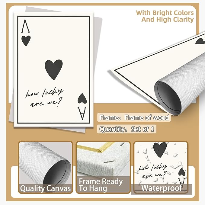 Vintage How Lucky Are We Wall Art Trendy Poker Posters Minimalist Ace of Hearts Decor Funny Inspirational Quotes Canvas Prints Lucky You Pictures for Dorm Bedroom Home Aesthetic 20x30in Framed