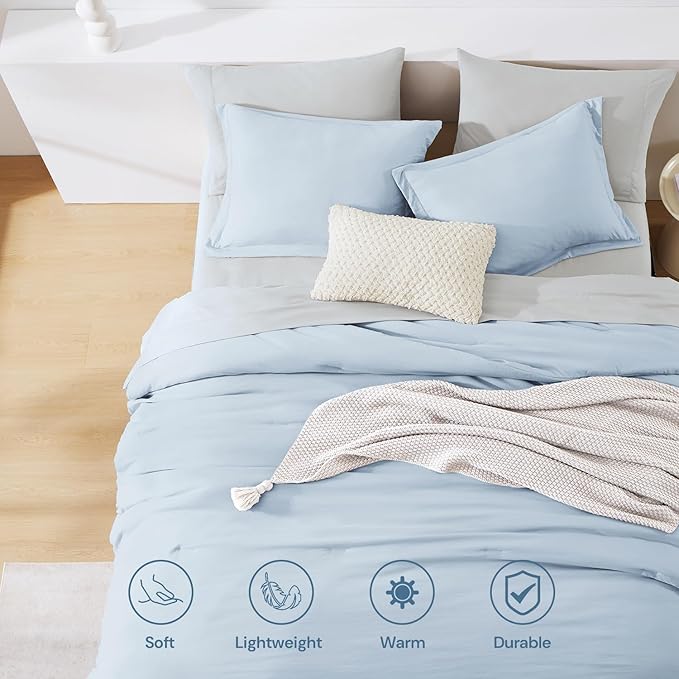WRENSONGE Twin Comforter Set- 5 Pieces Ice Blue Twin Bed in a Bag, All Season Twin XL Bedding Sets with 1 Fitted Sheet, 1 Flat Sheet, 1 Pillow Sham and 1 Pillowcase