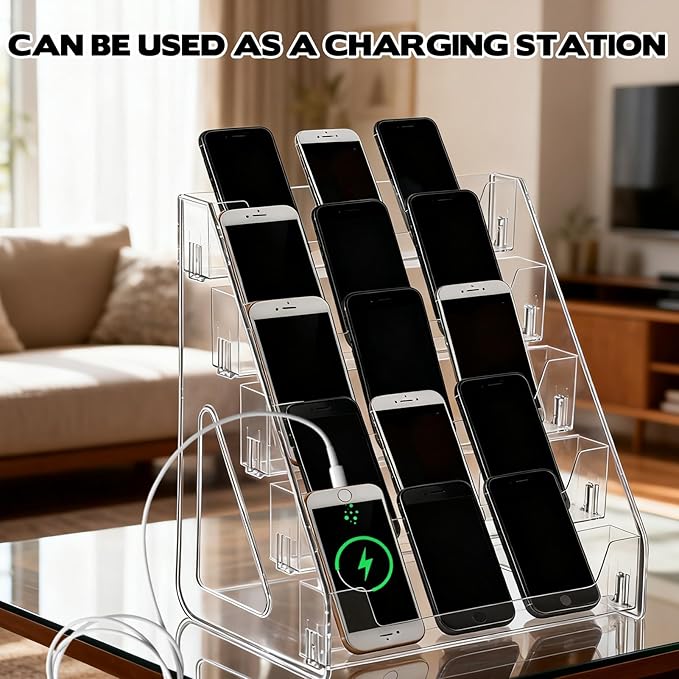 15-Grid Cell Phone Holder Desktop Organizer Clear Acrylic 5 Tier Classroom Cell Phone Storage Box Mobile Telephone Smartphone Case Organizer Table Top Drawer Tray for Office Boardroom School