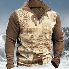 Western Sweatshirts for Men Aztec Cowboy Vintage Graphic Fleece Hoodie Mens Quarter Zip Pullover Country Jacket