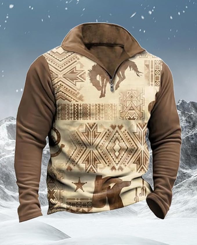 Western Sweatshirts for Men Aztec Cowboy Vintage Graphic Fleece Hoodie Mens Quarter Zip Pullover Country Jacket