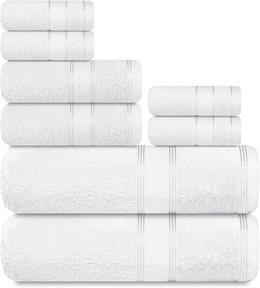 Casa Lino Bath Towel Set of 8 (2 Bath Towels, 4 Wash Cloths & 2 Hand Towels for Bathroom) - 100% Cotton - Highly Absorbent & Quick Dry - Guest Room Essentials for Bathroom Set - (White)