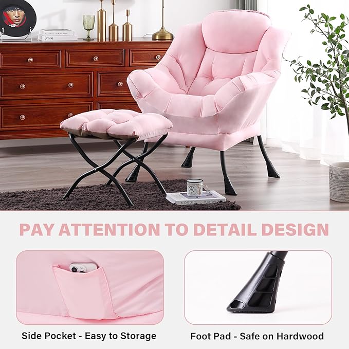 Tiita Lazy Chair with Ottoman, Modern Large Accent Lounge Armchair, Comfy Leisure Sofa Reading Chair with Footrest for Bedroom, Living Room, Dorm Rooms, Garden and Courtyard, Pink