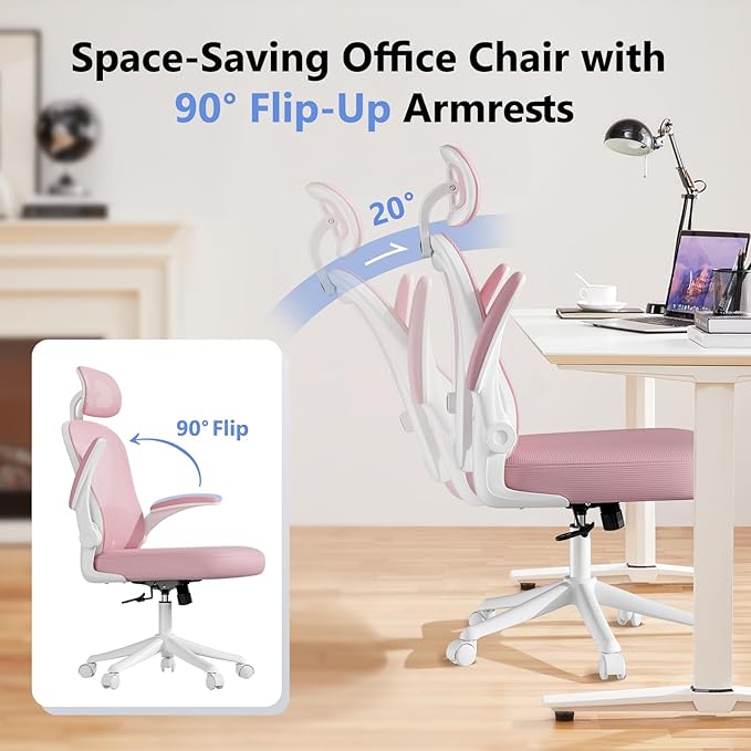 Ergonomic Office Chair M903, Computer Desk Chair with Wheels, High Back Mesh Office Chair with Adjustable Lumbar Support, Headrest, Flip-Up Armrests, Pink