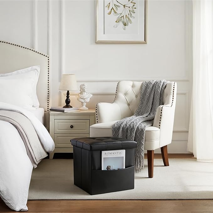 Storage Ottoman Foot Rest Stool, Small Leather Storage Ottomans Bench, Folding Footstool with Side Pockets, Foot Rest Under Desk for Living Room Bedroom, 15x15x15 in, Black