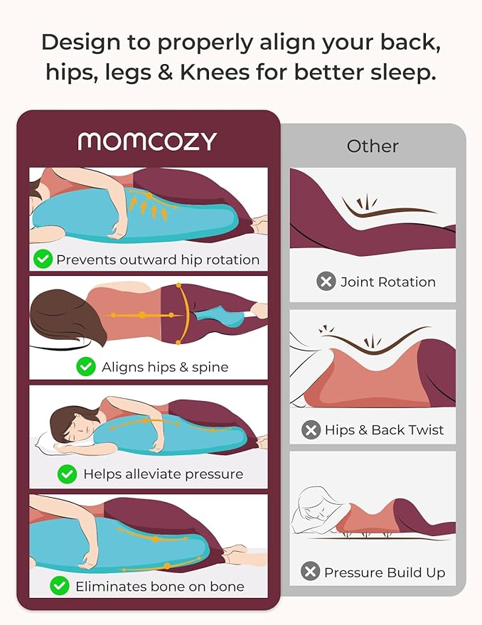 Momcozy Body Pillow for Pregnancy, J Shaped Pregnancy Pillows for Side Sleeping, Soft Maternity Pillow with Jersey Cotton Cover for Head Neck Belly Support, Pink