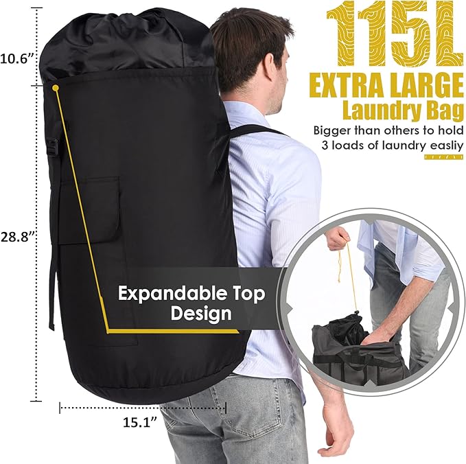 Backpack Laundry Bag, 115L Heavy Duty Extra Large College Laundry Backpack, Dirty Clothes Bag with Shoulder Straps, Laundry Hamper Bag with Drawstring Closure for College Dorm, Apartment, Laundromat