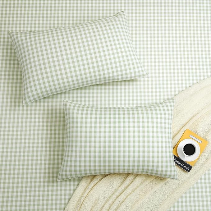 Green Checkered Duvet Cover Set Full Size Plaid Grid Comforter Cover 100% Washed Cotton Bedding Set Ultra Soft Breathable Quilt Set Lightweight Cozy Farmhouse Bedroom Modern Rustic Decor All Seasons