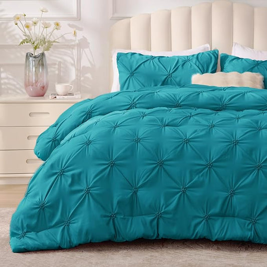 BEDELITE Teal Queen Comforter Set - 3 Pieces Boho Pintuck Bedding Comforter Sets, Lightweight Soft & Warm Bed Comforter Queen with 2 Pillowcases for All Season